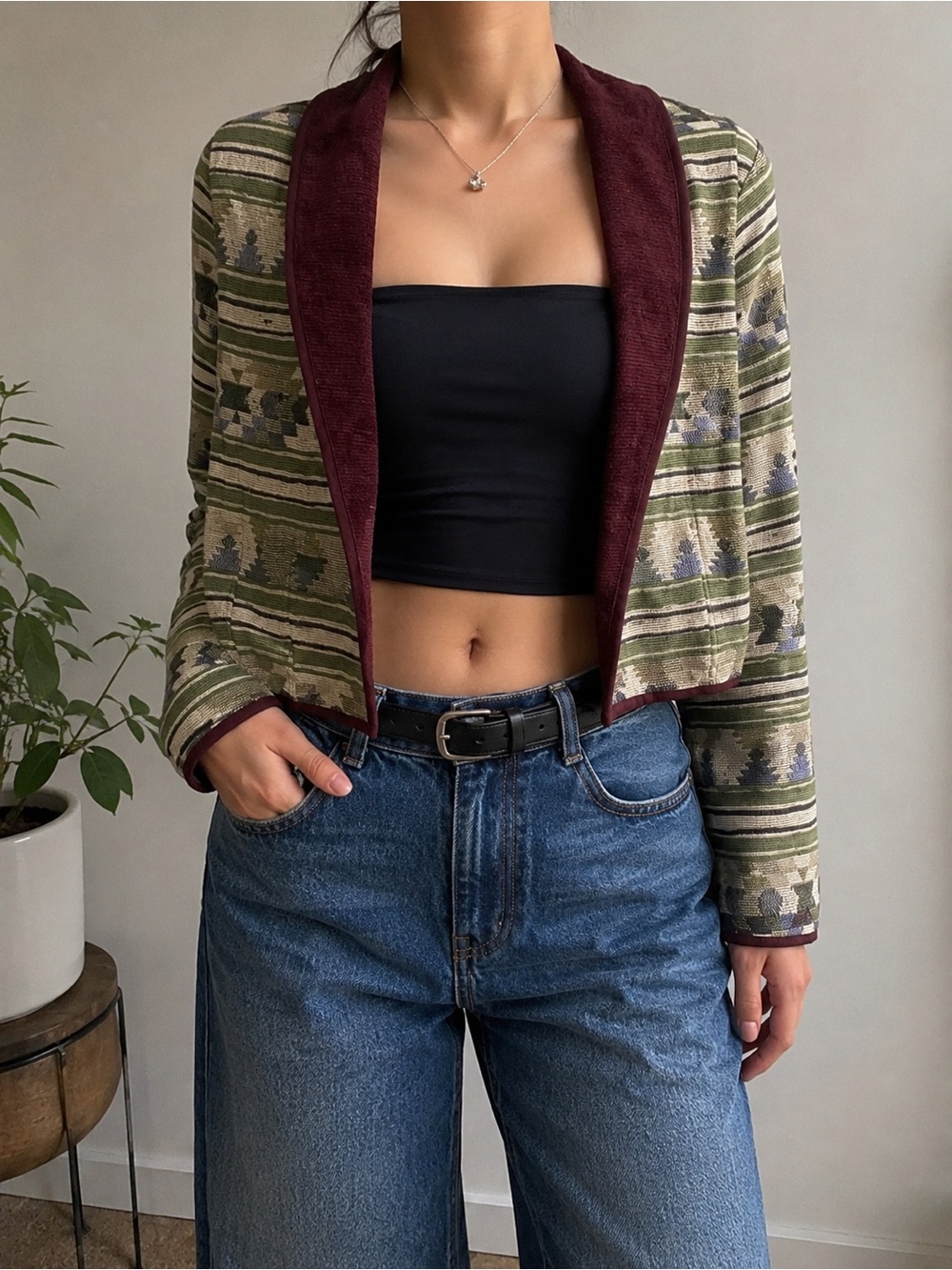 New Identity Vintage Southwestern Cropped Tapestry Jacket M 100% Cotton